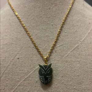 Vintage tone necklace and Green carved Owl Pendant Necklace
